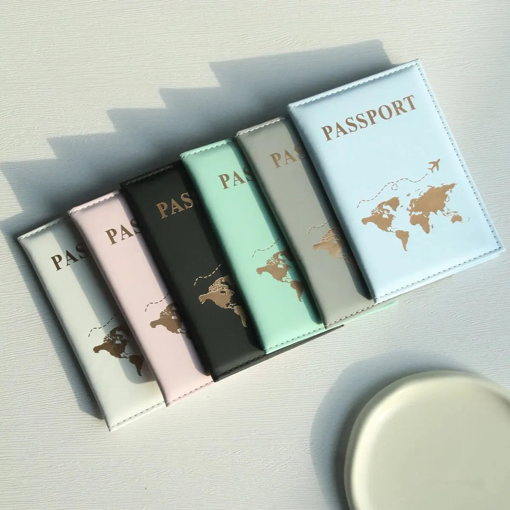 Funda para pasaporte con diseño de mapa del mundo, organizador y protector para tarjetas, documentos de identidad y tarjetas de crédito.
